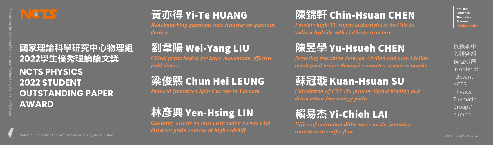 2022年學生優秀理論論文獎獲獎公告 Announcement of the 2022 NCTS Student Outstanding Paper Award 2022年學生優秀理論論文獎獲獎公告 Announcement of the 2022 NCTS Student Outstanding Paper Award