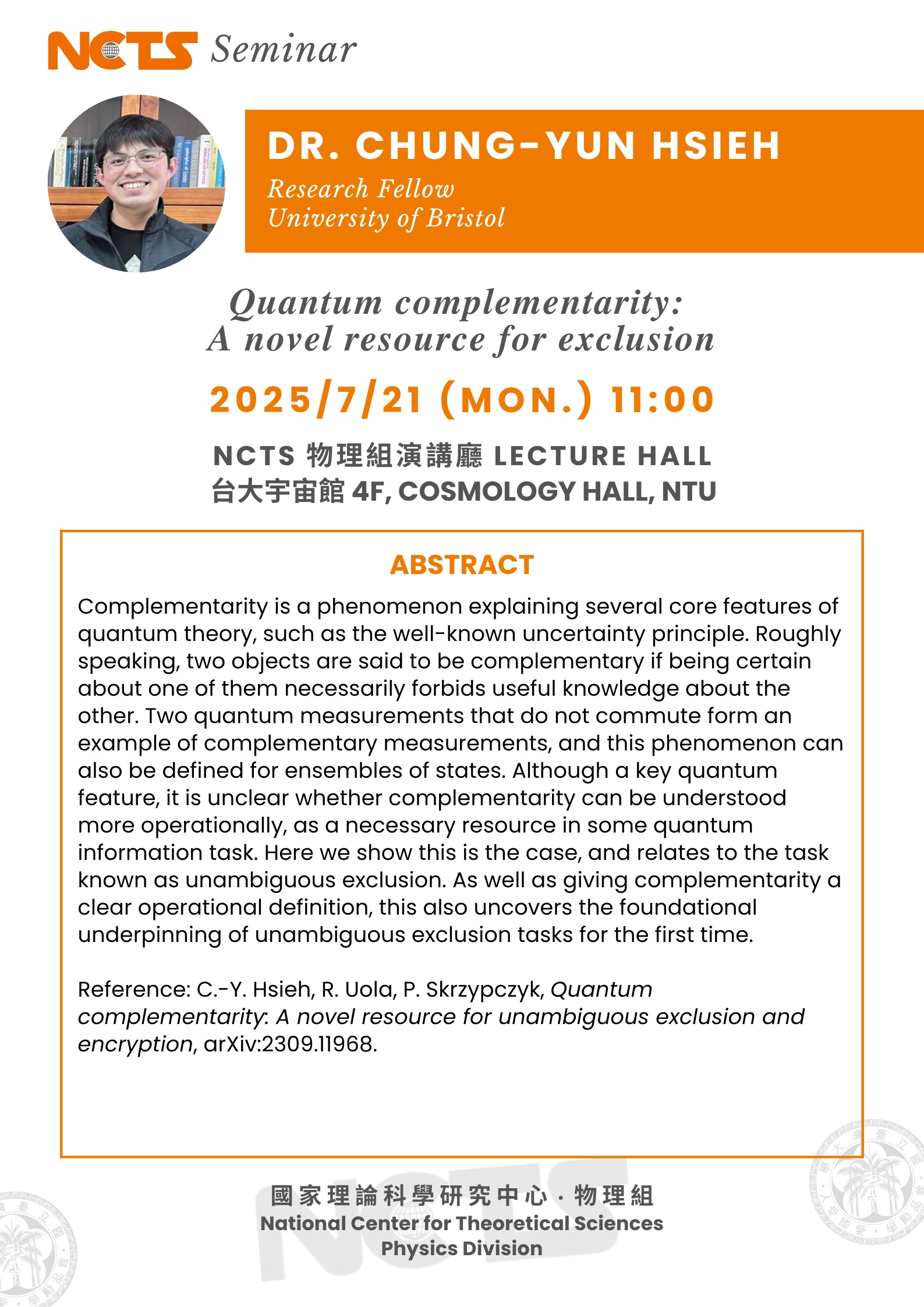 NCTS 20250721 Dr. Chung-Yun Hsieh Seminar NCTS 20250721 Dr. Chung-Yun Hsieh Seminar