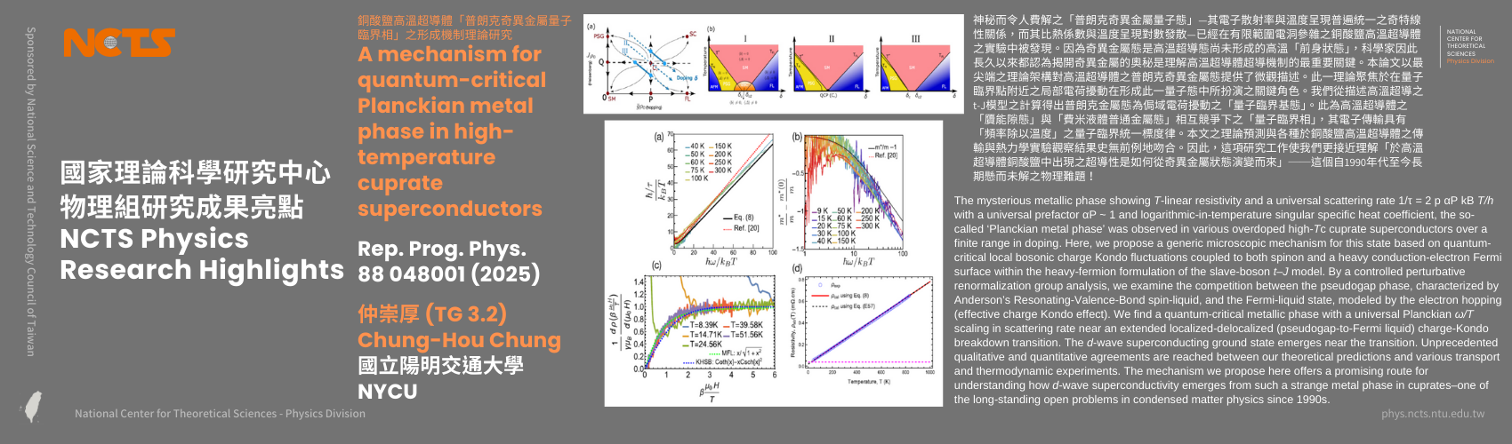 [NCTS Physics Research Highlights] Chung-Hou Chung 'A mechanism for quantum-critical Planckian metal phase in high-temperature cuprate superconductors' Rep. Prog. Phys. 88 048001 (2025)